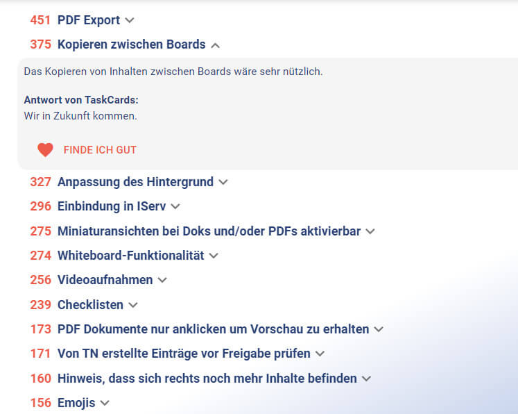 TaskCards Feedback an die Entwickler