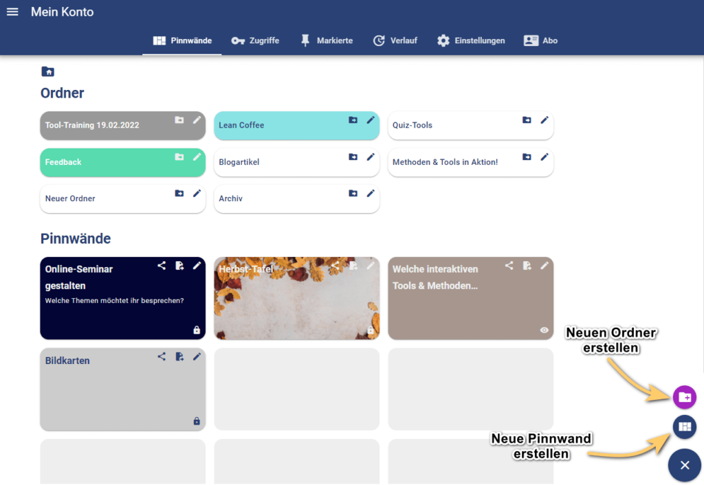 Pinnwände erstellen und ordnen in TaskCards
