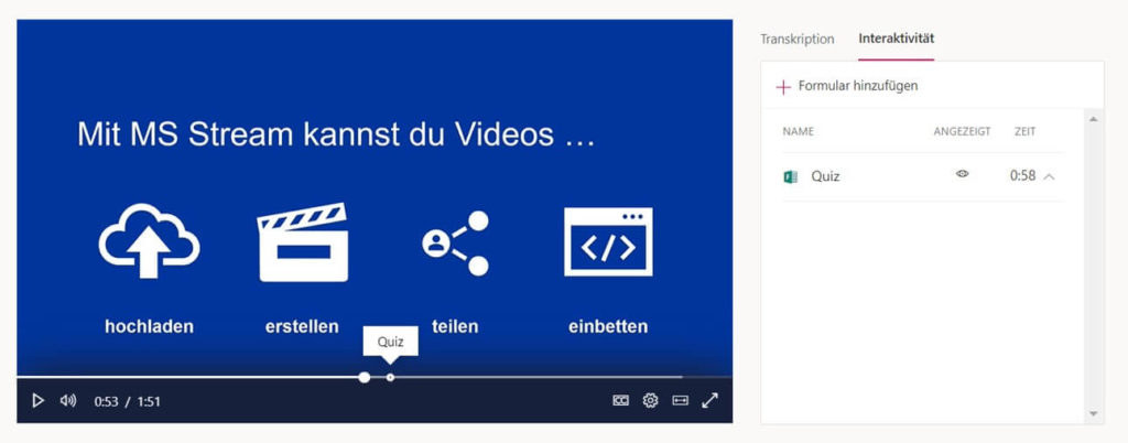 Über MS Forms lassen sich Quizze und Umfragen in ein Video auf MS Stream einbinden.
