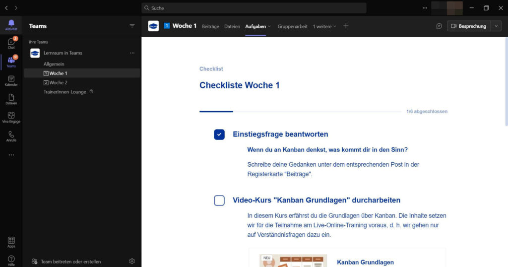 Ressourcen wie Webseiten oder Selbstlernmaterialien können ebenfalls integriert werden.