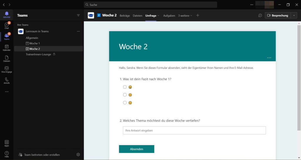 MS Forms Umfragen lassen sich in separaten Reitern einbinden.