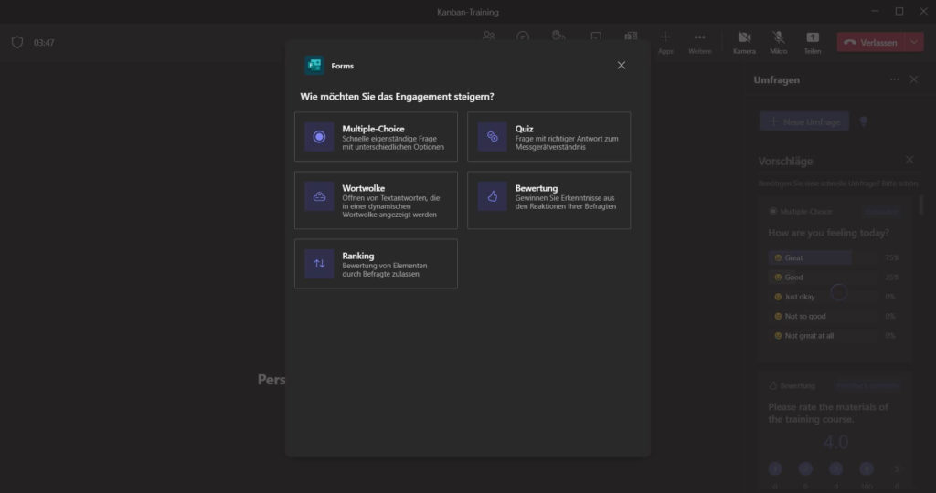 Über MS Forms lassen sich fünf verschiedene Interaktionstypen einbinden.