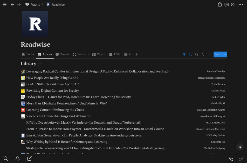 Ressourcen aus Readwise Reader in Notion