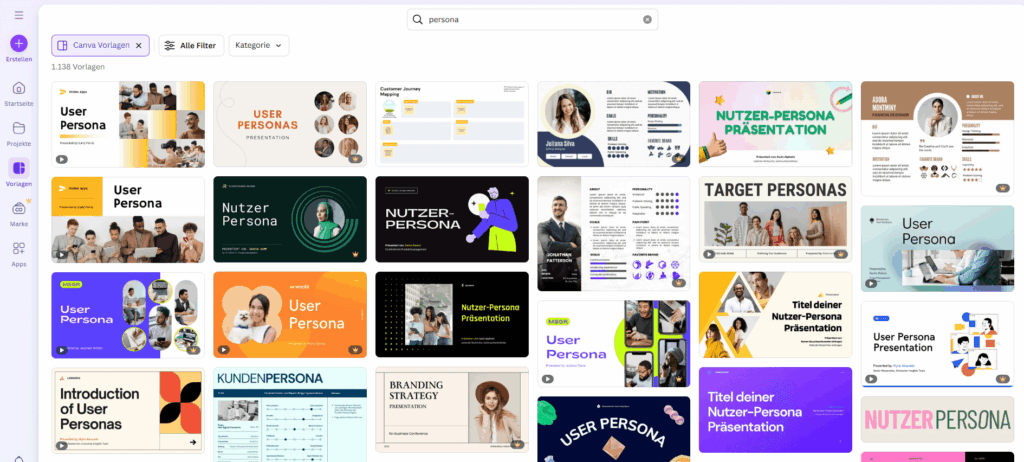 Screenshot: Vorlagen für Personas auf canva.com