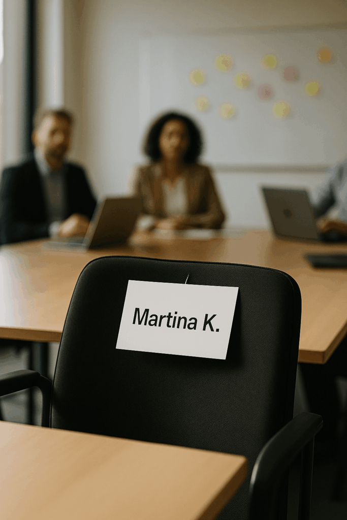 Meetingsituation mit einem leeren Stuhl, auf dem ein Namensschild mit "Martina K." steht - symbolisch für die "Learner Persona am Tisch" während des Designprozesses.